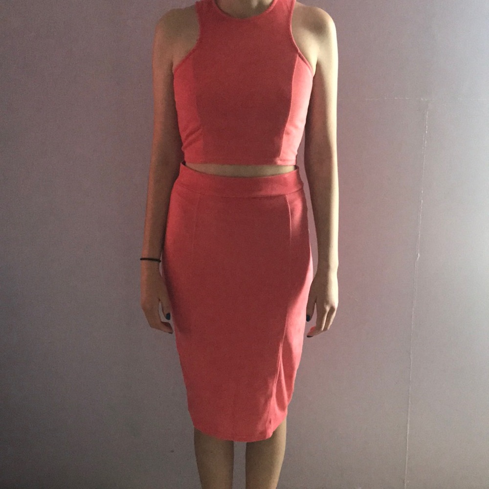 Pink faux Suede Crop Top and Skirt